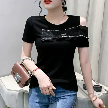 欧货荷叶边短袖上衣女夏季时尚性感露肩T恤洋气网纱拼接小衫半袖图片