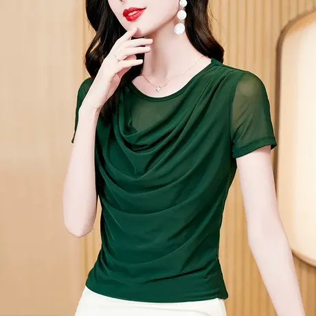 欧货网纱短袖T恤女士2024夏季新款气质性感修身小衫别致荡领上衣商品大图