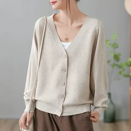 dza 复古纯色棉线针织开衫女士休闲短款V领毛衣外套春秋宽松上衣商品大图