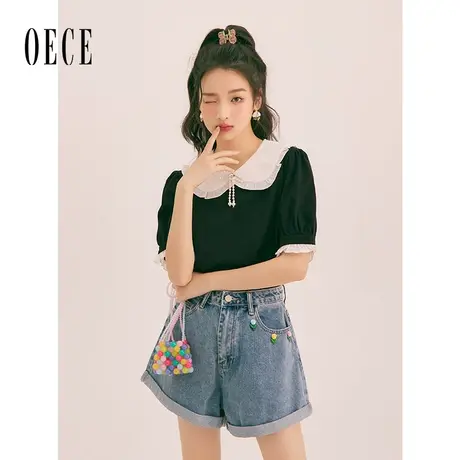 Oece娃娃领上衣2024春夏季新款女装甜美小众显瘦短袖T恤气质小衫商品大图