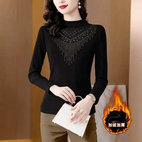 半高领烫钻打底衫女2023新款加绒加厚t恤女时尚洋气妈妈显瘦小衫图片