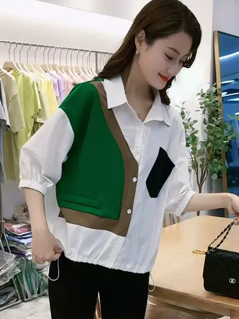 2023年春秋新款洋气设计感欧货拼接撞色衬衣欧洲站女装衬衫女潮牌商品大图