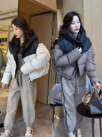 2023冬季新款拼接撞色羽绒服宽松小个子加厚白鸭绒面包服外套潮款图片