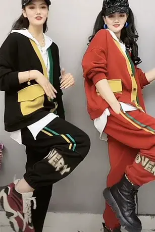 撞色大口袋百搭外套休闲卫裤两件套春季新款拼色V领开衫上衣套装商品大图