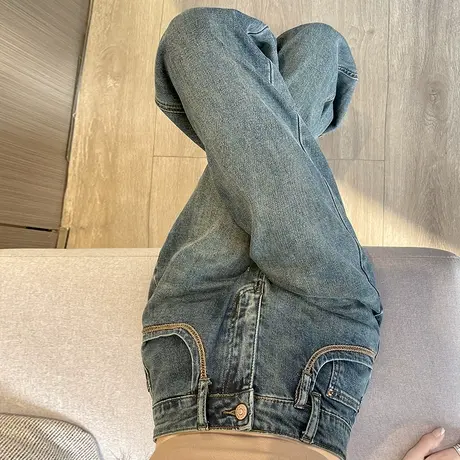 蓝色窄版阔腿牛仔裤女2023年春秋新款高腰显瘦宽松直筒百搭拖地裤商品大图