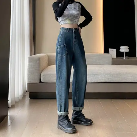 哈伦牛仔裤女春秋2023年新款高腰宽松直筒显瘦复古撞色萝卜老爹裤图片