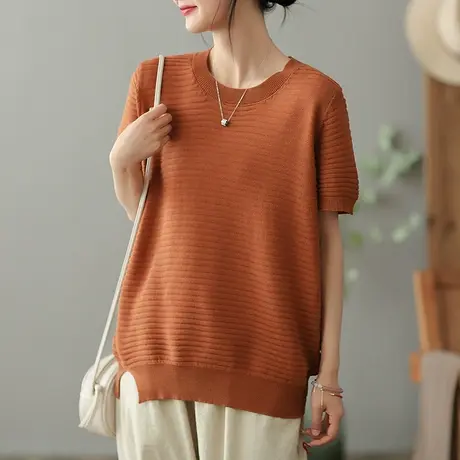 dza条纹针织短袖T恤女2023夏季圆领纯色体恤宽松显瘦打底套头上衣图片
