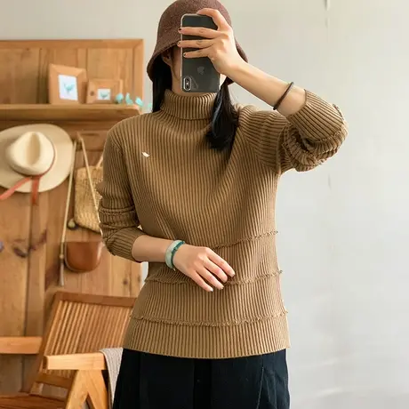 dza 复古纯色拼接高领女士毛衣秋冬漂亮针织衫内搭上衣宽松打底衫图片