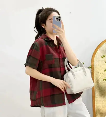 夏季双层纱纯棉复古格子短袖衬衫女休闲百搭小众衬衣宽松半袖上衣图片