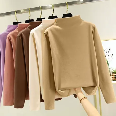 长袖打底T恤女半高领欧货纯色百搭简约时尚2023洋气修身内搭上衣商品大图