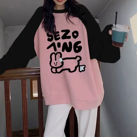 高级感拼接圆领卫衣女2023新款爆款加绒外套ins大码美式卡通上衣图片