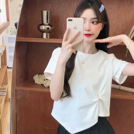 2024夏季新款韩版时尚不规则休闲百搭上衣ins潮短款正肩短袖t恤女商品大图