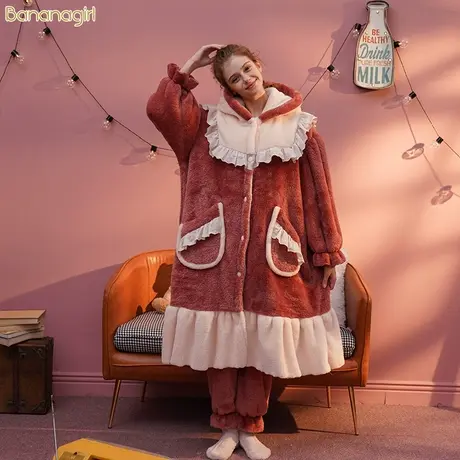Bananagirl睡衣女秋冬珊瑚绒保暖加厚长款睡袍套装可爱甜美可外穿商品大图