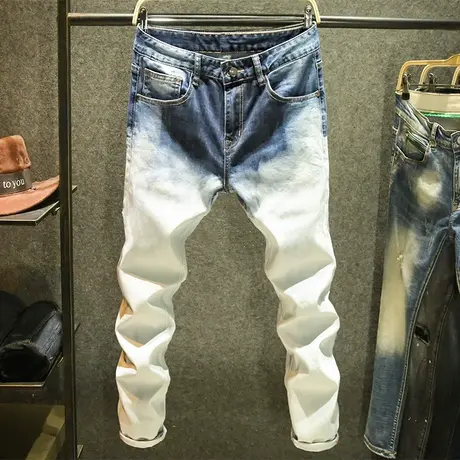 渐变水洗牛仔裤男潮牌修身小脚裤时尚潮流高街痞帅精神小伙裤子男商品大图