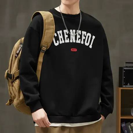 潮牌字母印花秋冬季美式休闲圆领卫衣冬天男生重磅假两件长袖上衣商品大图