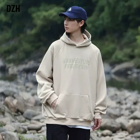 男士杏色重磅卫衣男连帽春秋款发泡印花上衣2023新款百搭套头外套商品大图