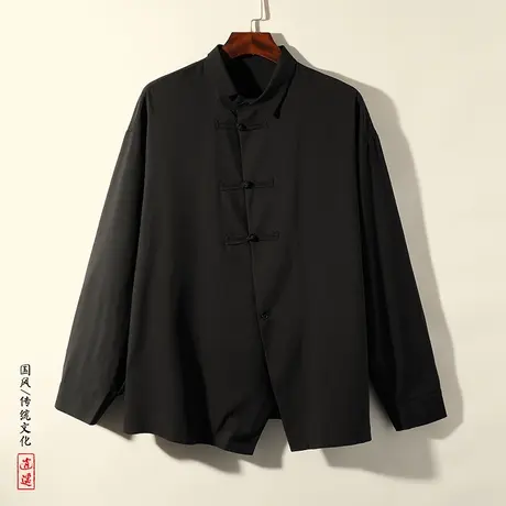 秋季中国风长袖衬衫男个性复古宽松上衣服大码民族风盘扣斜襟男装图片