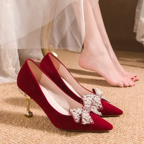 婚鞋新娘鞋法式2023年春秋新款细跟秀禾婚纱两穿红色高跟鞋女结婚商品大图