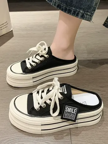 帆布半拖鞋女夏季外穿2023新款网红爆款高级感厚底增高无后跟懒人商品大图