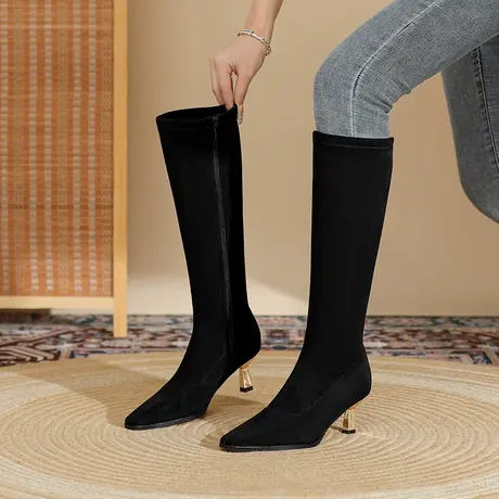黑色长筒靴女小个子2024秋冬新款高跟尖头骑士靴细跟加绒显瘦长靴图片