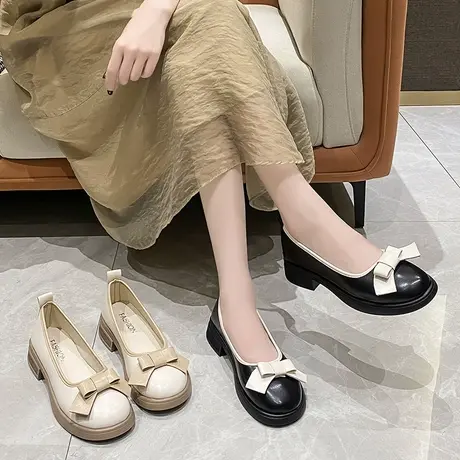 粗跟单鞋女2024新款秋冬季晚晚鞋法式小香风蝴蝶结浅口女鞋小皮鞋商品大图