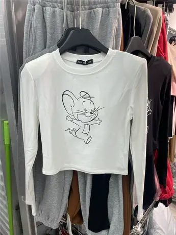 2023冬季新款韩版卡通洋气印花显瘦圆领百搭长袖加绒T恤打底衫潮商品大图