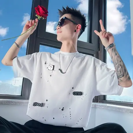 夏季T恤重磅短袖男款五分袖2023新款半截袖泼墨设计潮牌夏装半袖t商品大图