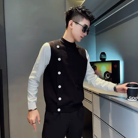 秋冬毛衣设计感潮牌拼色拼接排扣2022新款学生痞帅内搭针织打底衫商品大图