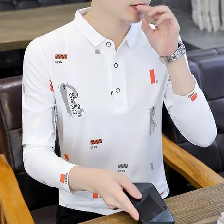 秋季男士长袖T恤 休闲翻领体恤纯棉POLO衫男生大码秋衣汗衫潮上衣商品大图