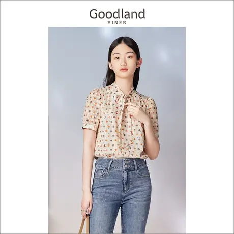 Goodland美地女装2023夏季法式系带领雪纺衫优雅泡泡袖上衣商品大图