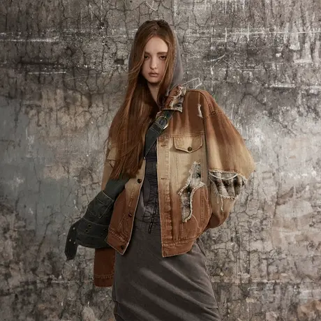 街头潮牌破洞拼接牛仔外套女春秋2024新款水洗复古情侣装宽松夹克图片