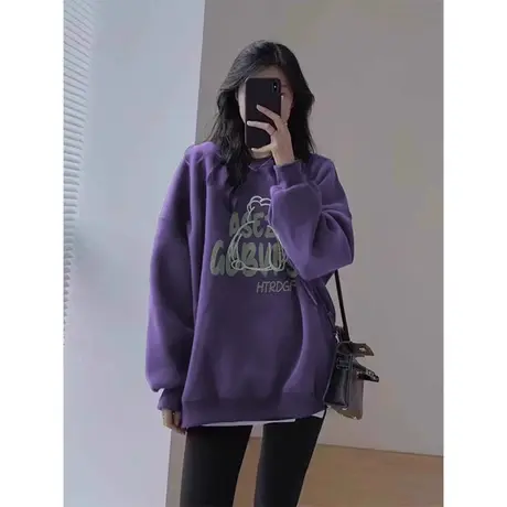 复古圆领oversize绿色卫衣外套女美式秋冬季2024新款加绒长袖上衣商品大图