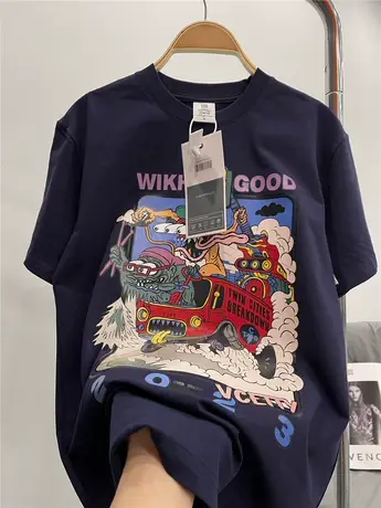 美式复古纯棉藏青色短袖t恤女ins潮夏oversize设计感小众半袖上衣图片