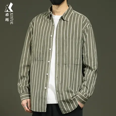 希越灯芯绒条纹衬衫男2024春季新款宽松大码男士日系休闲翻领外套图片
