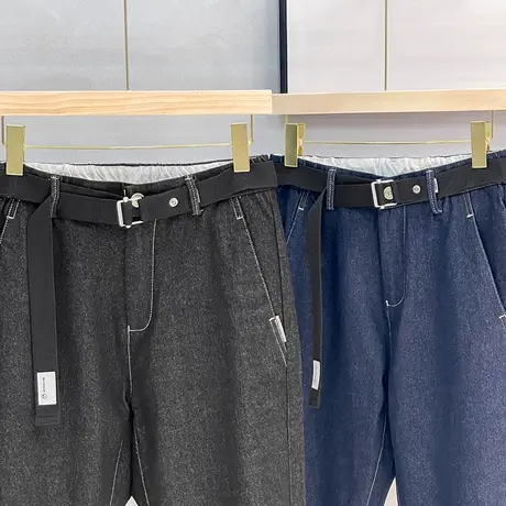 送腰带牛仔裤男春秋季加绒普洗新款男士宽松直筒潮牌九分裤长裤子图片