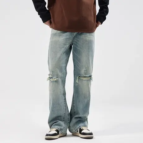 美式破洞牛仔裤男直筒潮牌宽松长裤春秋季水洗做旧复古阔腿拖地裤商品大图