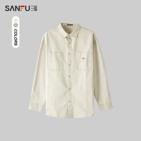 三福2024春季男士洗水棉长衬衫 户外时尚翻领纯棉上衣男482370图片