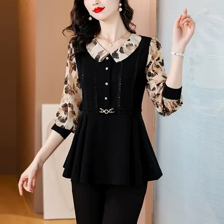 2024年春季新款娃娃领雪纺衫女中长款大码洋气假两件长袖打底衫女图片