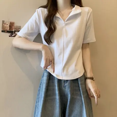 半拉链POLO领短袖T恤女夏季百搭韩版修身显瘦立领半袖上衣打底衫图片