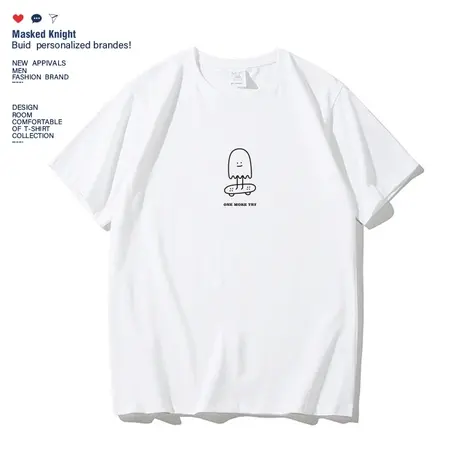 夏季简约卡通趣味滑板小人短袖t恤男纯棉学生宽松休闲圆领上衣图片