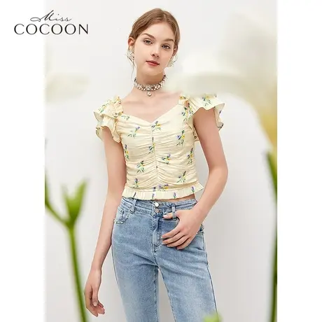missCOCOON碎花雪纺衫女2022新款夏短袖收腰显瘦时尚洋气上衣小衫商品大图