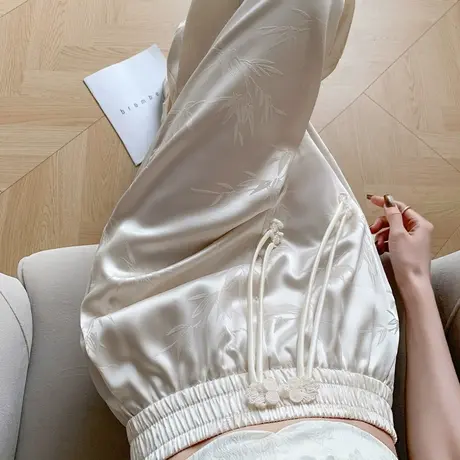 新中式国风盘扣白色提花阔腿裤女春夏款高腰显瘦垂感民族风休闲裤商品大图