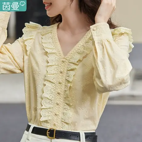 茵曼官方旗舰店女装白色纯棉长袖衬衫2024年春季新款全棉V领衬衣图片