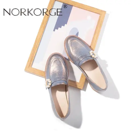 2023新款春秋复古蓝色乐福鞋女鞋真皮圆头粗跟平底温柔奶奶鞋单鞋图片