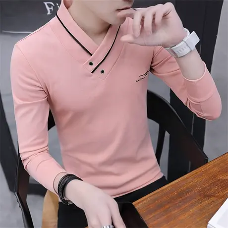 男士t恤长袖薄款衬衫领卫衣服韩版青年春秋季潮流个性立领打底衫商品大图