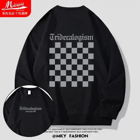 美式潮牌复古棋盘格圆领卫衣男宽松大码秋季薄款街头嘻哈情侣上衣图片