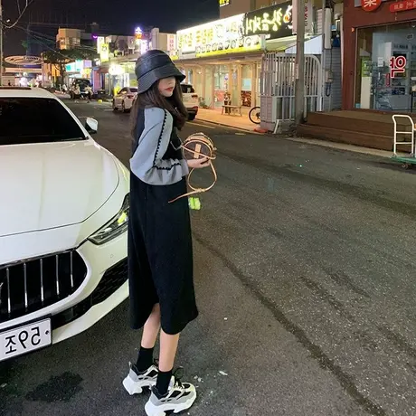 大码胖mm拼接卫衣连衣裙女春季韩版洋气小众中长款宽松裙子200斤商品大图