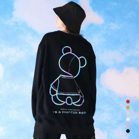 2023秋冬新款卫衣女慵懒无帽宽松圆领情侣装上衣韩版小熊反光长袖商品大图