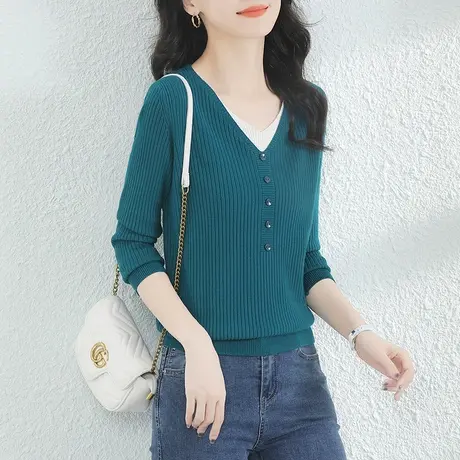 韩潮袭人假两件V领长袖法式针织衫女士2023秋装新款宽松打底毛衣商品大图