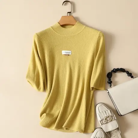 清仓！莫兰绒半高领打底衫女春装新款百搭五分袖针织衫毛衣女上衣商品大图